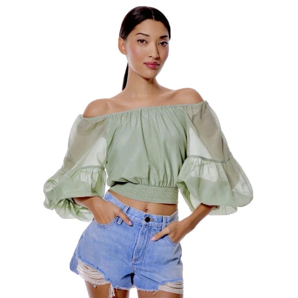 Alice + Olivia Azalea Peasant Blouse Sage Green Cotton Silk Boho Womens Small